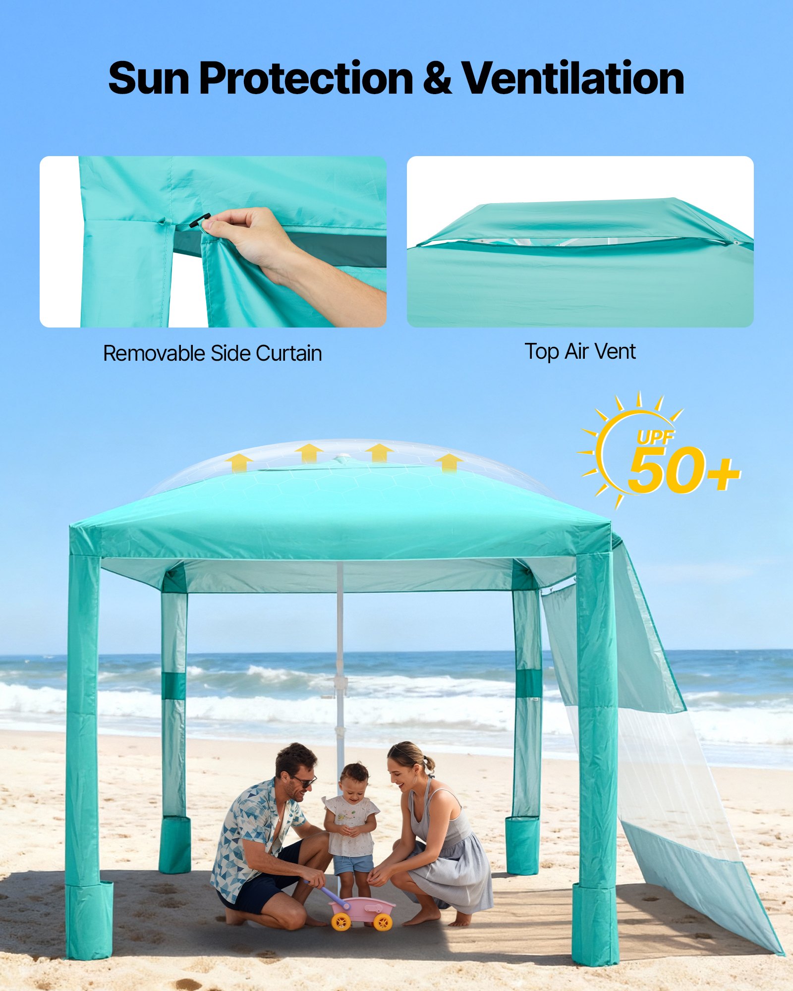 VEVOR Beach Cabana, namiot plażowy 2,4 x 2,4 m ze ścianą boczną, ochrona przeciwsłoneczna UPF 50+, pawilon plażowy z workami z piaskiem, regulowana wysokość i przenośny parasol przeciwsłoneczny dla rodziny i przyjaciół, zielony