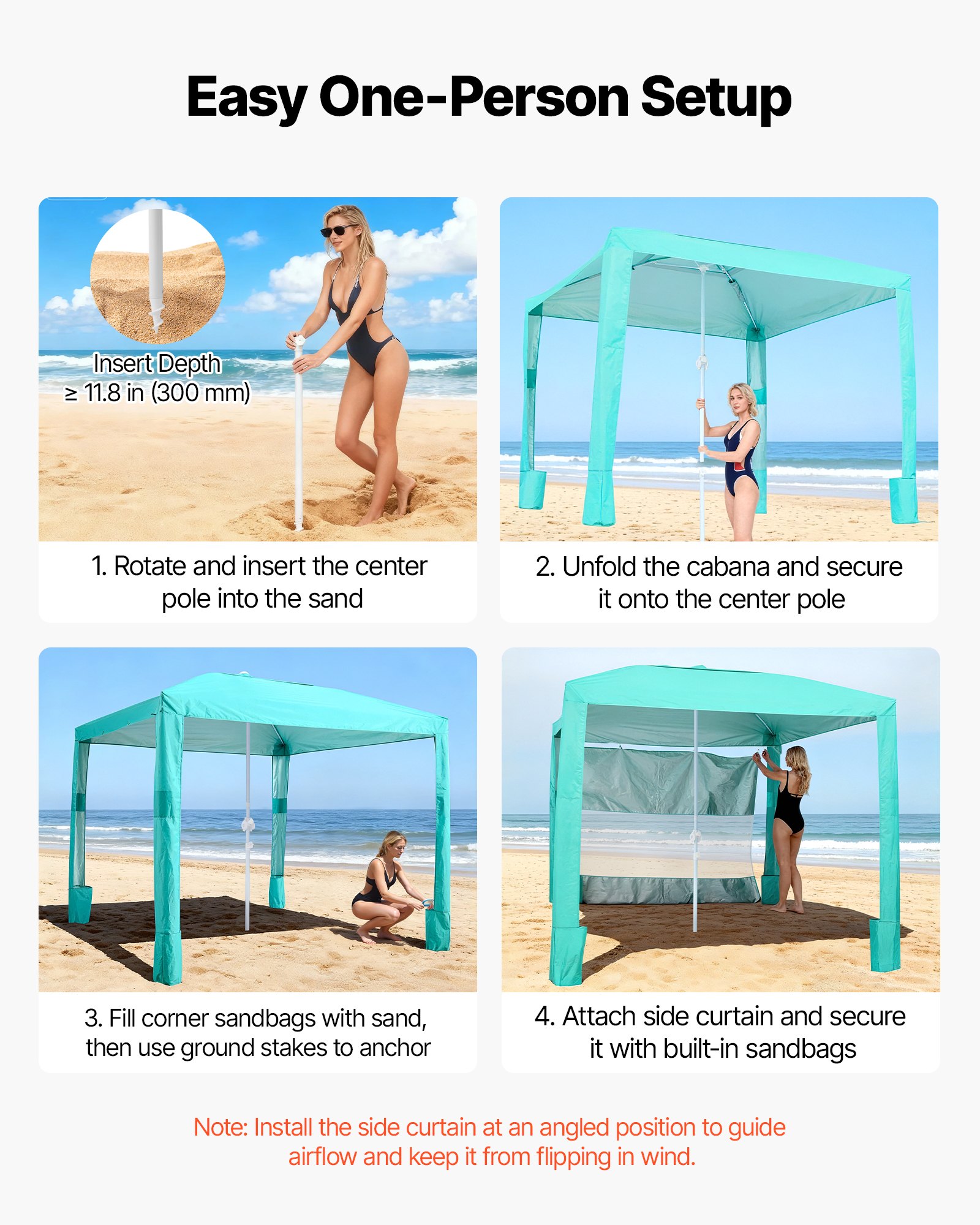 VEVOR Beach Cabana, namiot plażowy 2,4 x 2,4 m ze ścianą boczną, ochrona przeciwsłoneczna UPF 50+, pawilon plażowy z workami z piaskiem, regulowana wysokość i przenośny parasol przeciwsłoneczny dla rodziny i przyjaciół, zielony