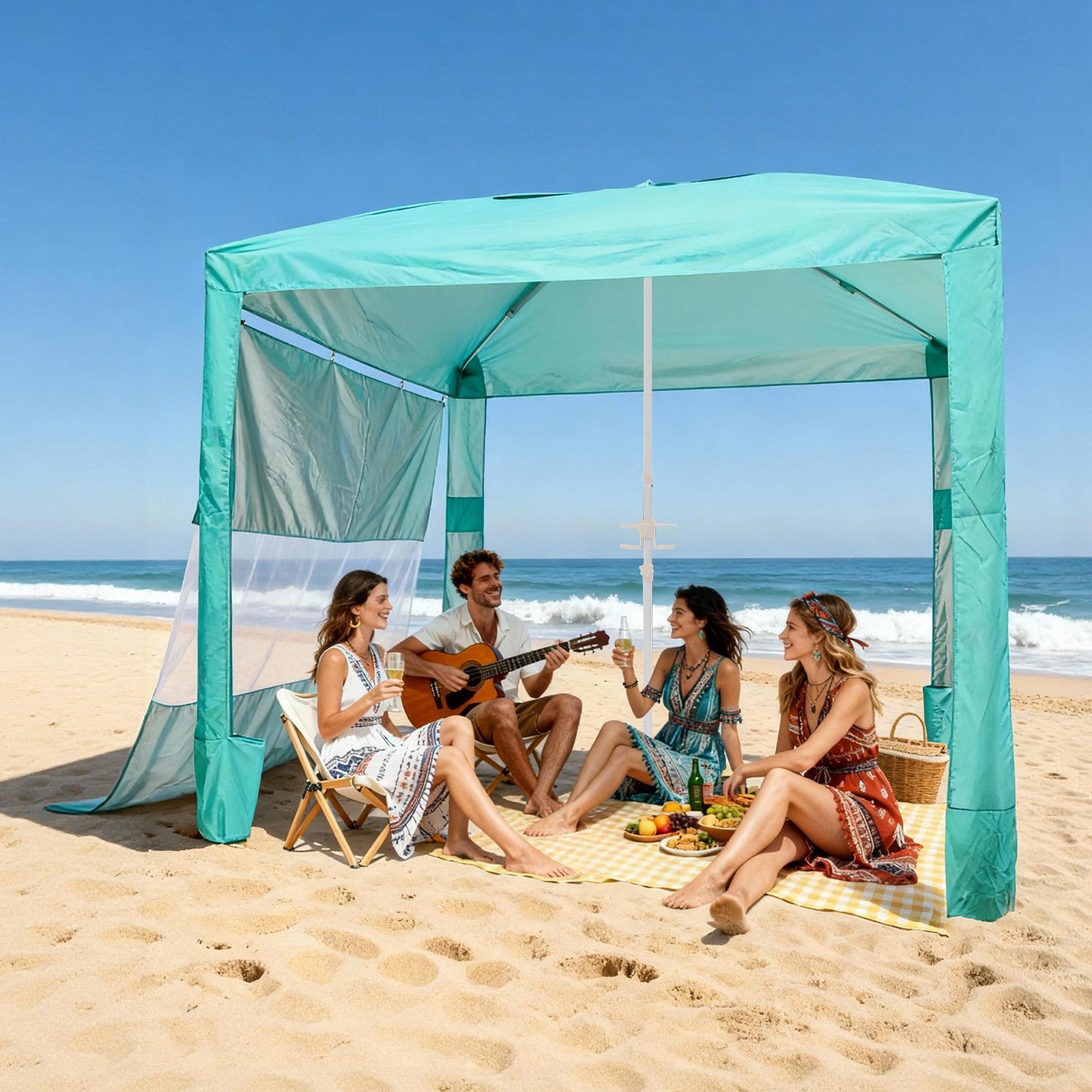 VEVOR Beach Cabana, namiot plażowy 2,4 x 2,4 m ze ścianą boczną, ochrona przeciwsłoneczna UPF 50+, pawilon plażowy z workami z piaskiem, regulowana wysokość i przenośny parasol przeciwsłoneczny dla rodziny i przyjaciół, zielony