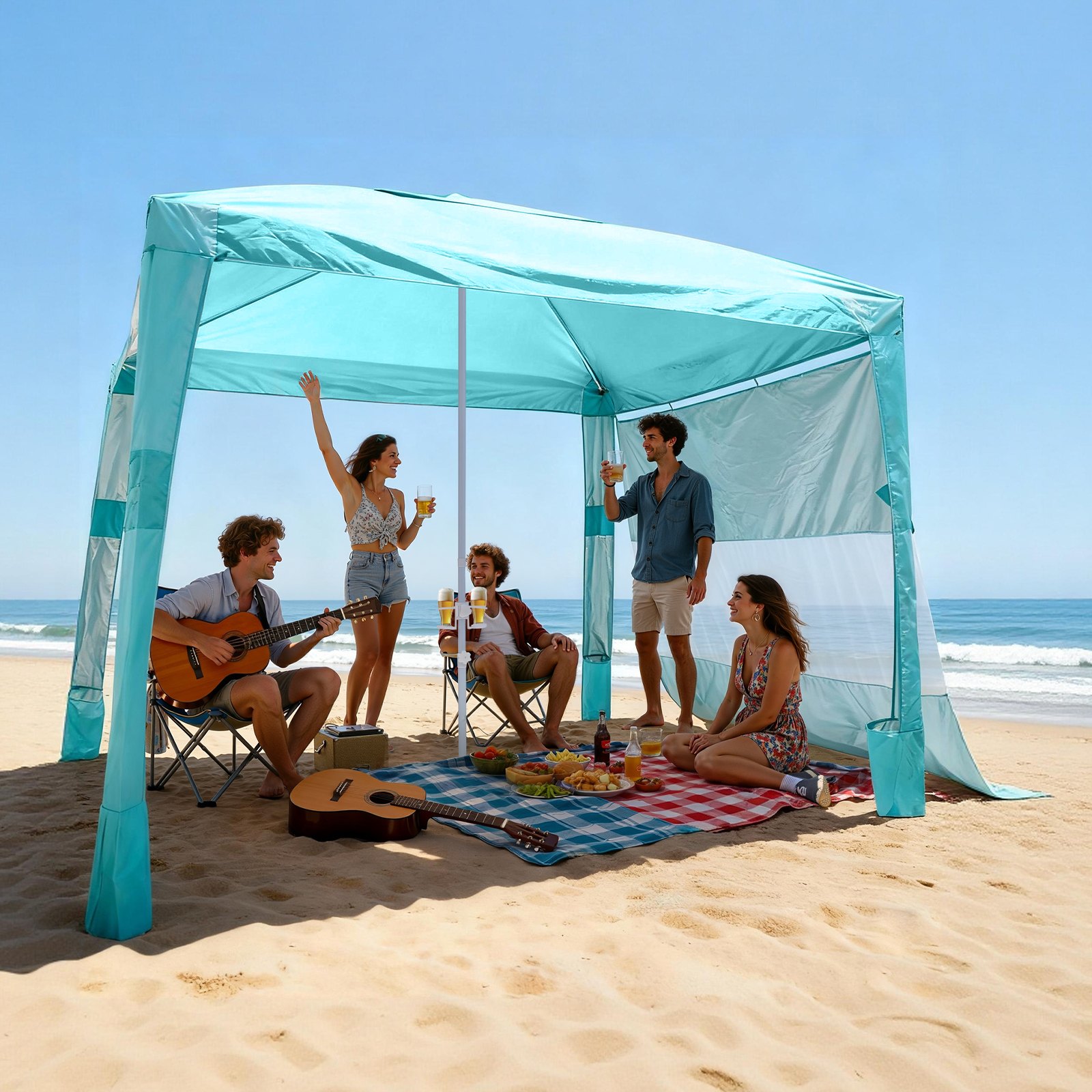 VEVOR Beach Cabana, namiot plażowy 2,4 x 2,4 m ze ścianą boczną, ochrona przeciwsłoneczna UPF 50+, pawilon plażowy z workami z piaskiem, regulowana wysokość i przenośny parasol przeciwsłoneczny dla rodziny i przyjaciół, zielony