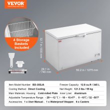 Zamrażarka VEVOR, zamrażarka 345 L i 4 wyjmowane kosze, wolnostojąca zamrażarka komercyjna z otwartymi drzwiami od góry i zamykaną pokrywą, 7-stopniowa regulacja temperatury