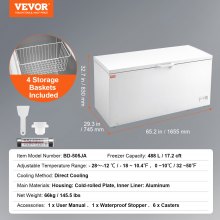 Zamrażarka VEVOR, zamrażarka 488 L i 4 wyjmowane kosze, wolnostojąca zamrażarka komercyjna z otwartymi drzwiami od góry i zamykaną pokrywą, 7-stopniowa regulacja temperatury