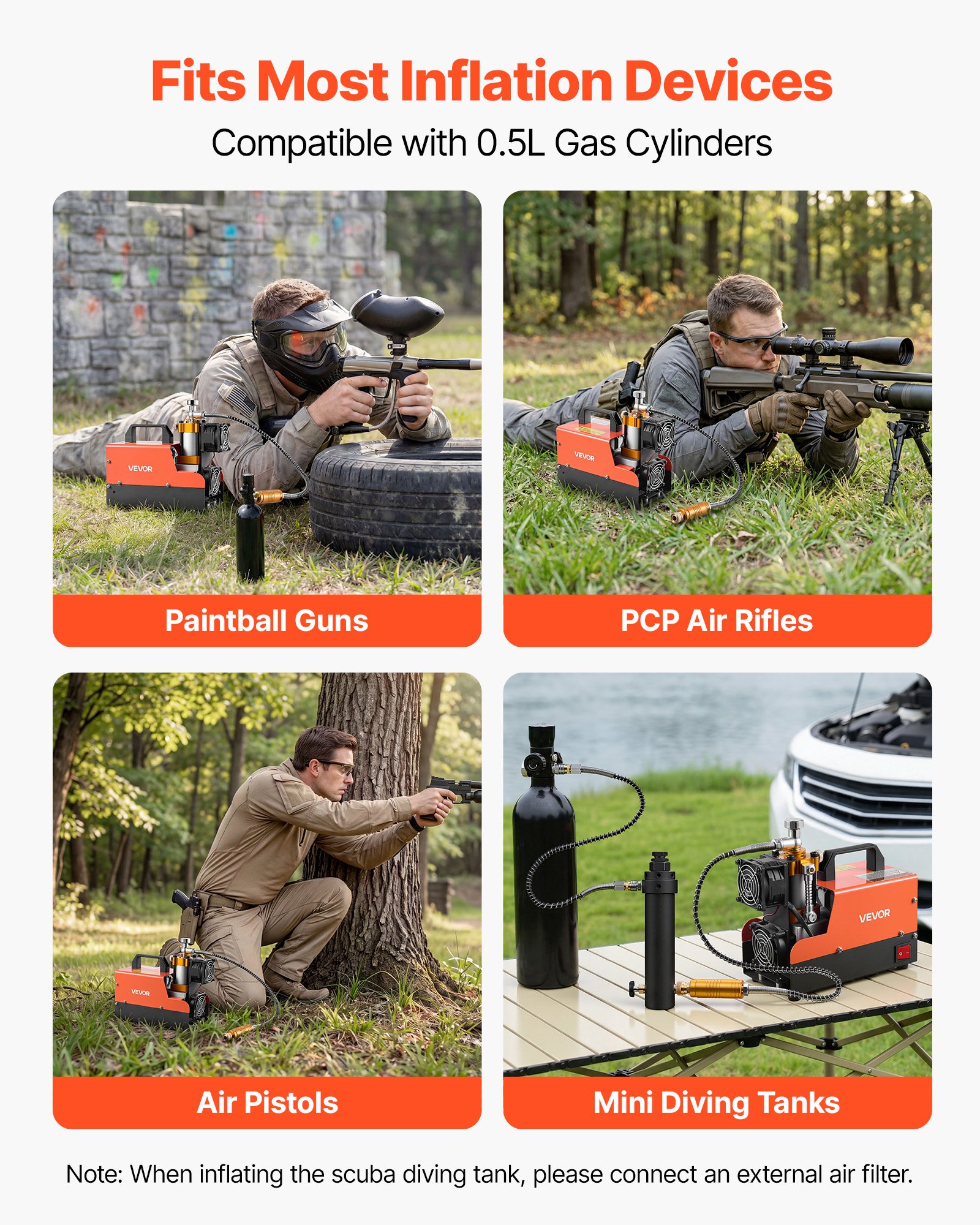 Kompresor powietrza VEVOR PCP 250 W, kompresor do karabinków pneumatycznych, 300 bar, prąd stały 12 V, prąd zmienny 230 V, 4500 PSI, 30 MPa, chłodzenie wentylatorem, zatrzymanie ręczne, konwerter do użytku domowego i na zewnątrz, kompresor wysokociśnieniowy do butli nurkowych do paintballa