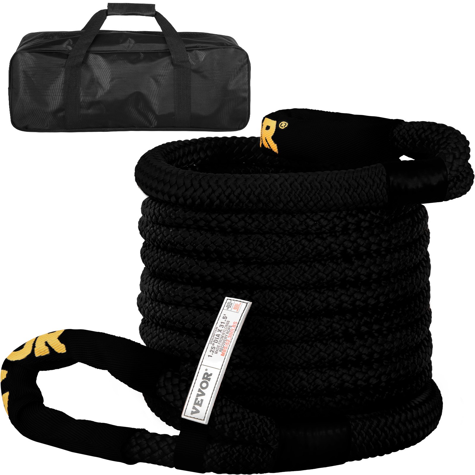 VEVOR 32 mm x 9,6 m Kinetic Tow Rope 23 723 kg Podwójnie pleciona nylonowa lina holownicza kinetyczna z pętlami i osłonami ochronnymi do samochodów ciężarowych ATV UTV z torbą transportową w kolorze czarnym