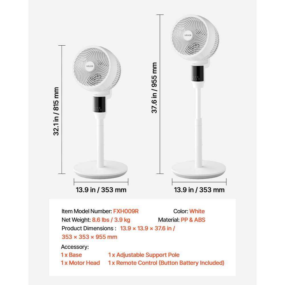 VEVOR 23 cm Pedestal Fan, 80° Oscillating Standing Floor Fan with Quite DC Motor, Remote Control, 9 Speeds & 4 Smart Modes, 24H Timer, Adjustable Height, for Home, Bedroom, Living Room, White