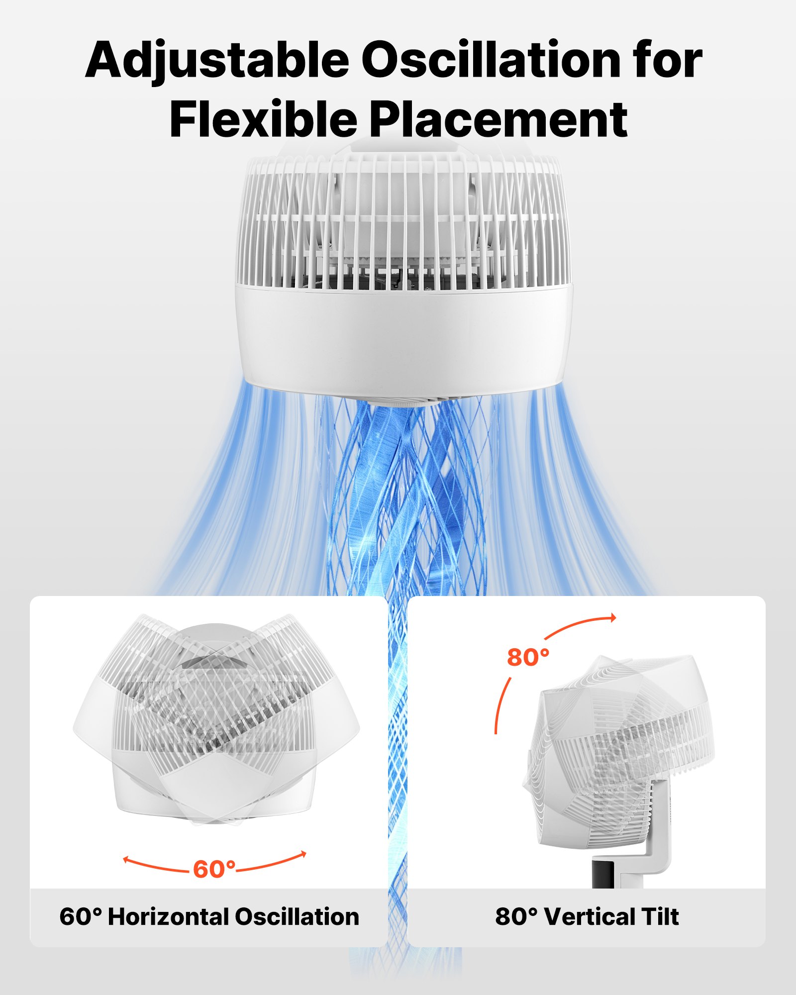 VEVOR 23 cm Pedestal Fan, 80° Oscillating Standing Floor Fan with Quite DC Motor, Remote Control, 9 Speeds & 4 Smart Modes, 24H Timer, Adjustable Height, for Home, Bedroom, Living Room, White