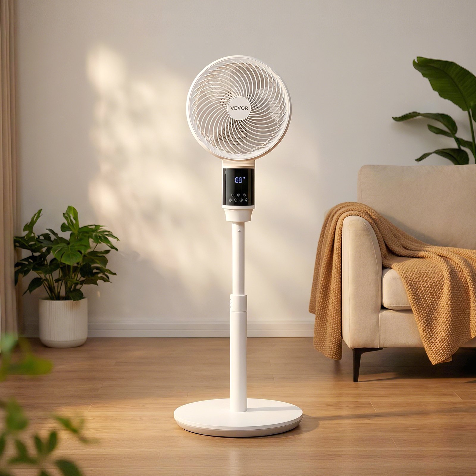 VEVOR 23 cm Pedestal Fan, 80° Oscillating Standing Floor Fan with Quite DC Motor, Remote Control, 9 Speeds & 4 Smart Modes, 24H Timer, Adjustable Height, for Home, Bedroom, Living Room, White