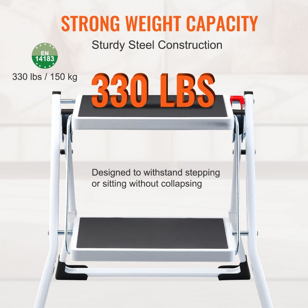 VEVOR Household Ladder 500x480x450mm Folding Steel Step Ladder 2 Steps 150kg Load Capacity Folding Step Stool Double Step Ladder 445mm High Kitchen Ladder Non-Slip Step Stool