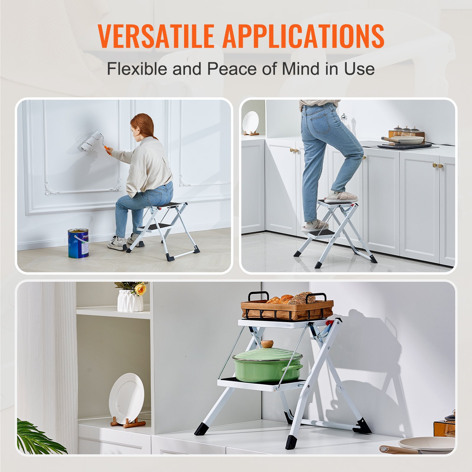 VEVOR Household Ladder 500x480x450mm Folding Steel Step Ladder 2 Steps 150kg Load Capacity Folding Step Stool Double Step Ladder 445mm High Kitchen Ladder Non-Slip Step Stool