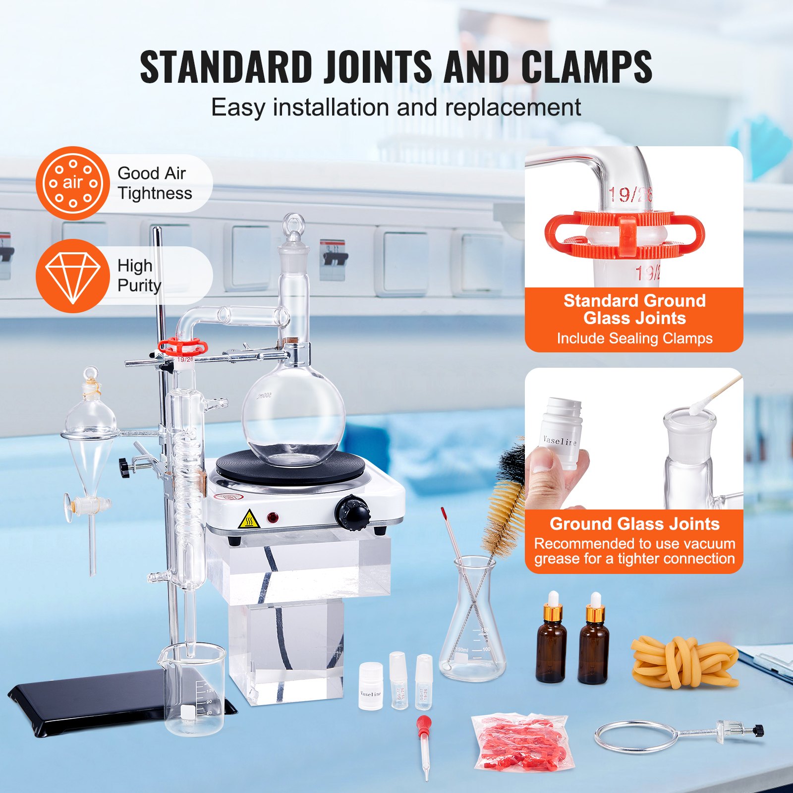 Zestaw do destylacji olejków eterycznych VEVOR, aparat destylacyjny 500 ml, zestaw do destylacji ze szkła laboratoryjnego 3,3 Boro z płytą grzewczą o mocy 1000 W i 24 złączami, 40 złączek, zestaw 33-częściowy