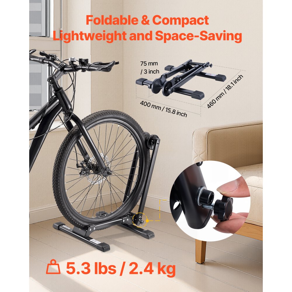 Stojak na rowery VEVOR, 2 sztuki, składany, kompatybilny z rowerami górskimi i rowerami o szerokości 508–736,6 mm, stojak parkingowy ze stali węglowej, idealny do małych przestrzeni, przedpokoju i garażu