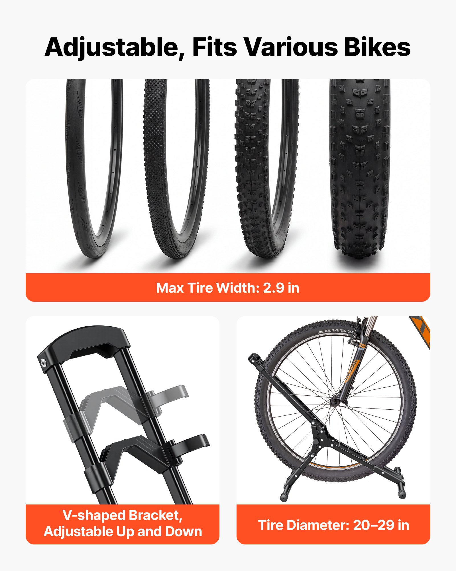 VEVOR Składany, wolnostojący stojak na rowery szosowe MTB, ramy ze stali węglowej, opony Ø508-737 mm / 20-29 cali, szerokość do 75 mm / 2,9 cala, stojak podłogowy do przechowywania w garażu domowym