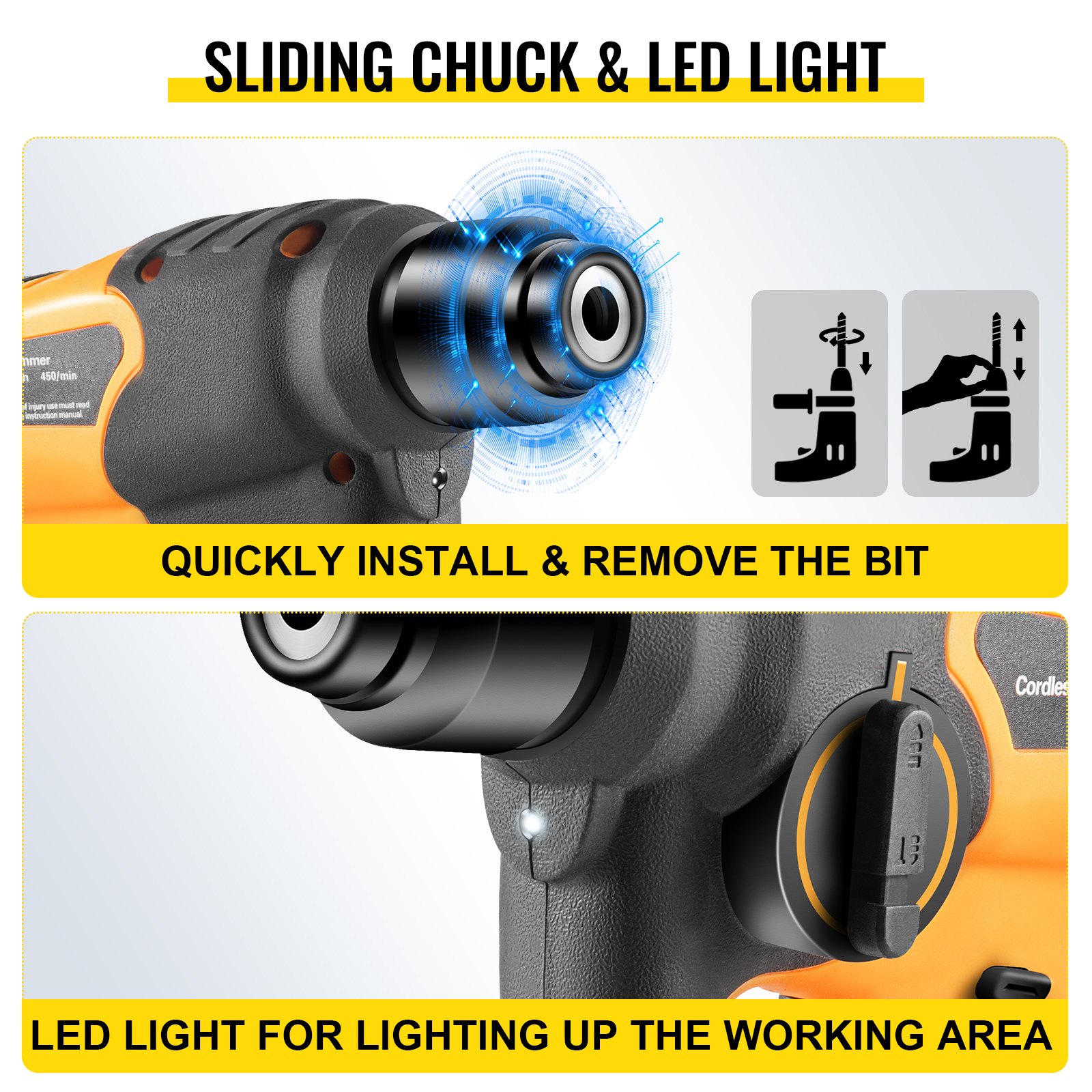 Akumulatorowa wiertarko-wkrętarka udarowa VEVOR Młot kombinowany 12 V 0-900 obr./min 450 uderzeń na minutę Żółty