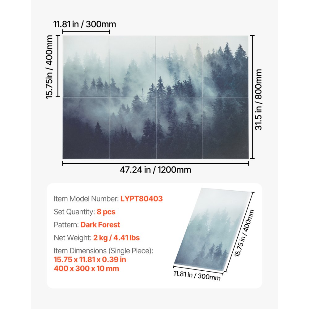 VEVOR 8-pak paneli akustycznych, 1200x800x10 mm, akustyczne panele ścienne, samoprzylepne, pochłaniające i tłumiące dźwięk panele do domu, biura, studia, pokoju zabaw, kina, lasu