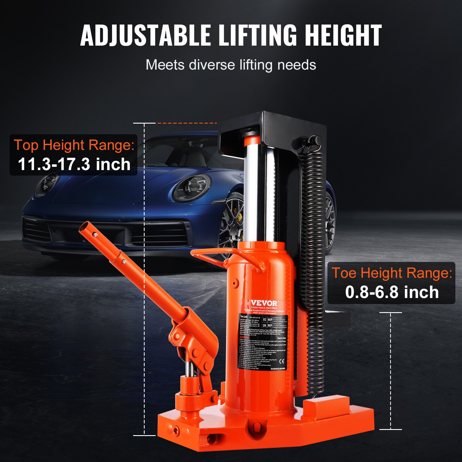 VEVOR Hydraulic Trolley Jack, 5 t lifting platform at the tip, 10 t lifting capacity at the tip, 20-173 mm toe height, 287-440 mm top height, air hydraulic claw jack for machinery