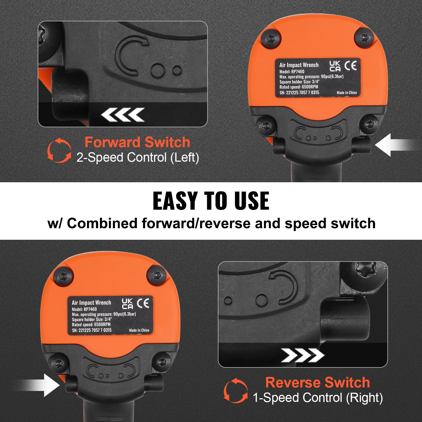 Klucz udarowy pneumatyczny VEVOR z napędem 3/4 cala, moment zrywający nakrętki do 350 Nm, kompozytowy klucz udarowy pneumatyczny do napraw i konserwacji samochodów