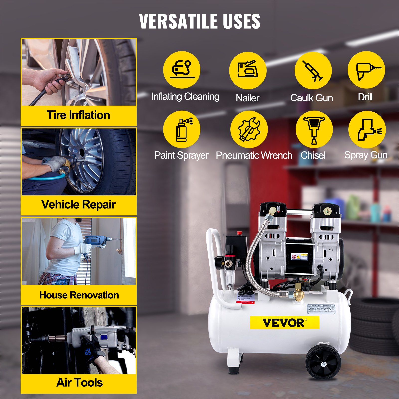 VEVOR Sprężarka Powietrza Kompresor Szeptów Cichy Kompresor 1.5Hp/1100W Motor Cfm7.9 68db 25L Tank