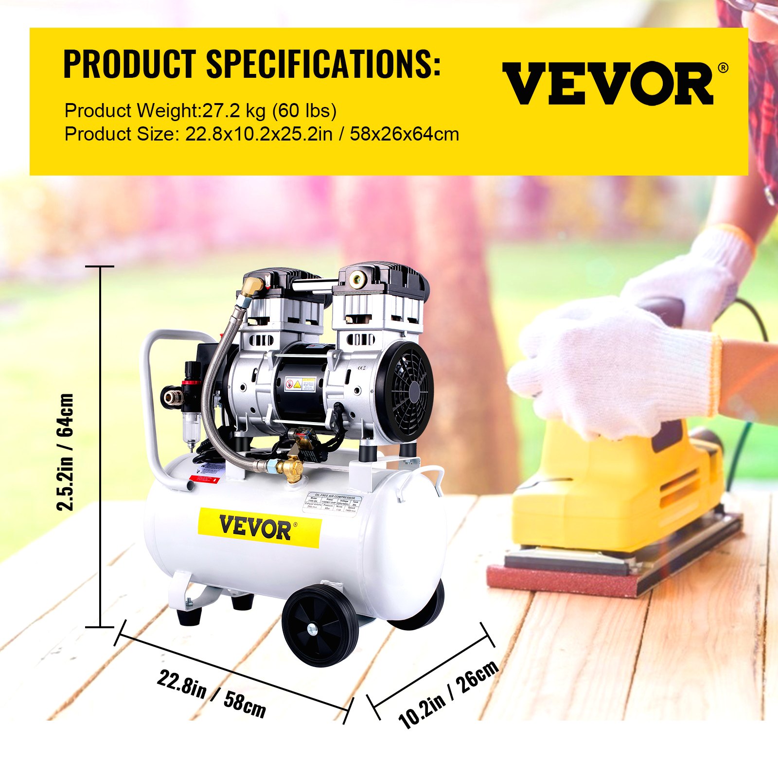 VEVOR Sprężarka Powietrza Kompresor Szeptów Cichy Kompresor 1.5Hp/1100W Motor Cfm7.9 68db 25L Tank