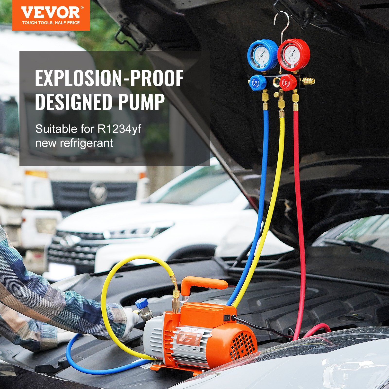 VEVOR Vacuum Pump 100L/min, Explosion-Proof, 150W, 220V/50HZ, 1440 RPM, 55-276 bar, 250ml Oil Capacity, HVAC Vacuum Equipment, Manifold Gauge Set, Air Conditioning, Automotive Cooling Systems