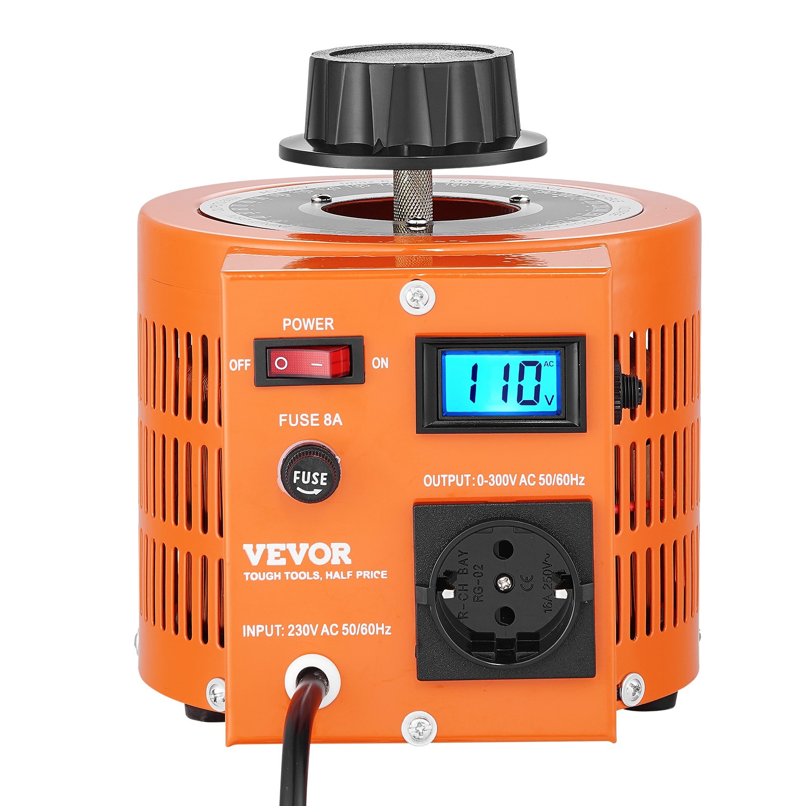 Transformator napięcia zmiennego VEVOR 2000VA, 6,6 A, wejście 230 V, wyjście 0-300 V, regulator napięcia prądu przemiennego, z wyświetlaczem LCD, 4 dodatkowe bezpieczniki, do domu, przemysłu i biura