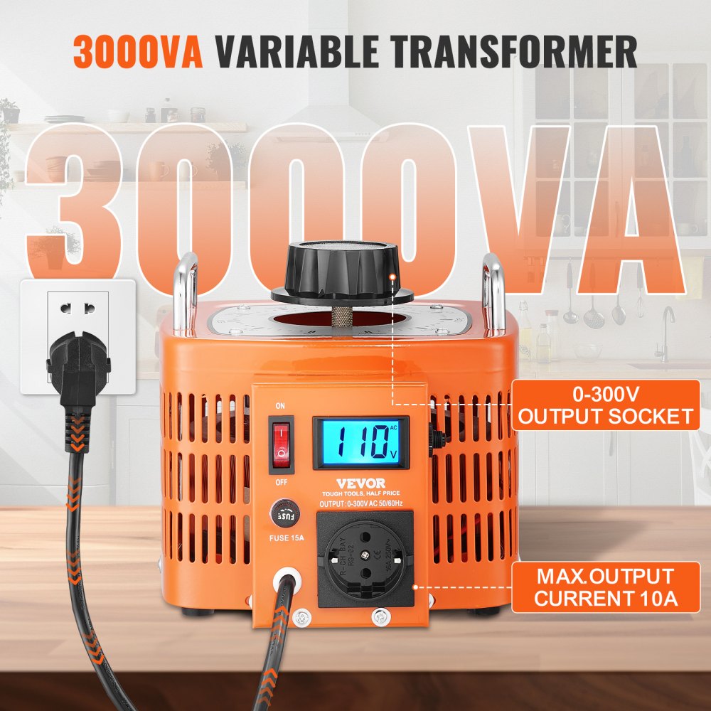 VEVOR 3000VA Automatyczny transformator napięcia zmiennego, 10 A, wejście 230 V, wyjście 0-300 V, regulator napięcia prądu przemiennego, z wyświetlaczem LCD, 4 dodatkowe bezpieczniki