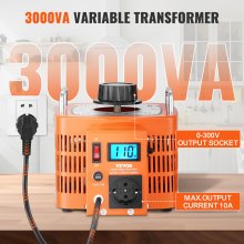 Automatyczny transformator napięcia VEVOR 3000VA, 10 A, wejście 230 V, wyjście 0-300 V, regulator napięcia AC, z wyświetlaczem LCD, 4 dodatkowe bezpieczniki
