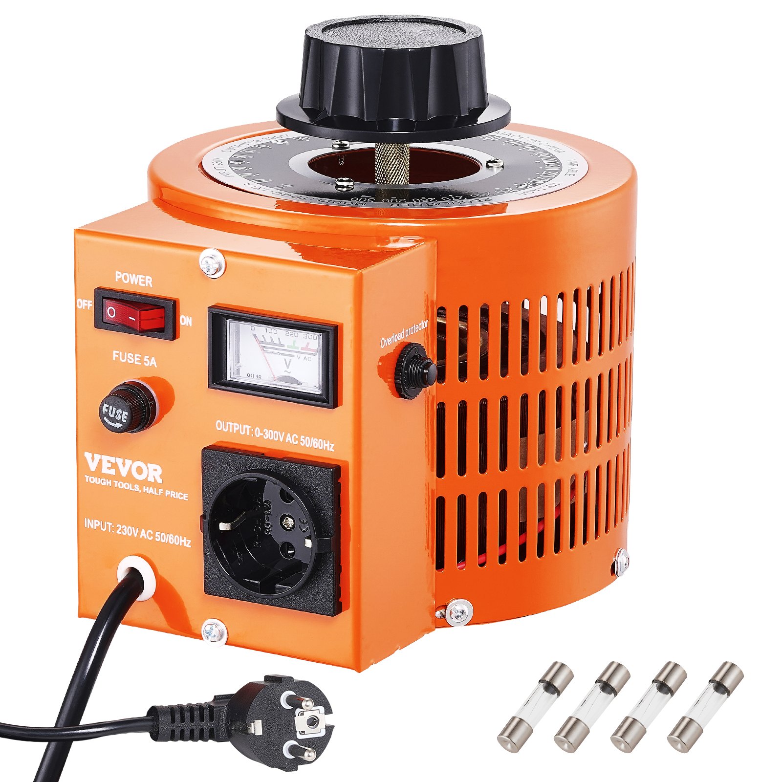 Transformator napięcia zmiennego VEVOR 1000VA, 3,3 A, wejście 230 V, wyjście 0-300 V, zasilacz regulatora napięcia prądu przemiennego, z 4 dodatkowymi bezpiecznikami, do domu, przemysłu i biura