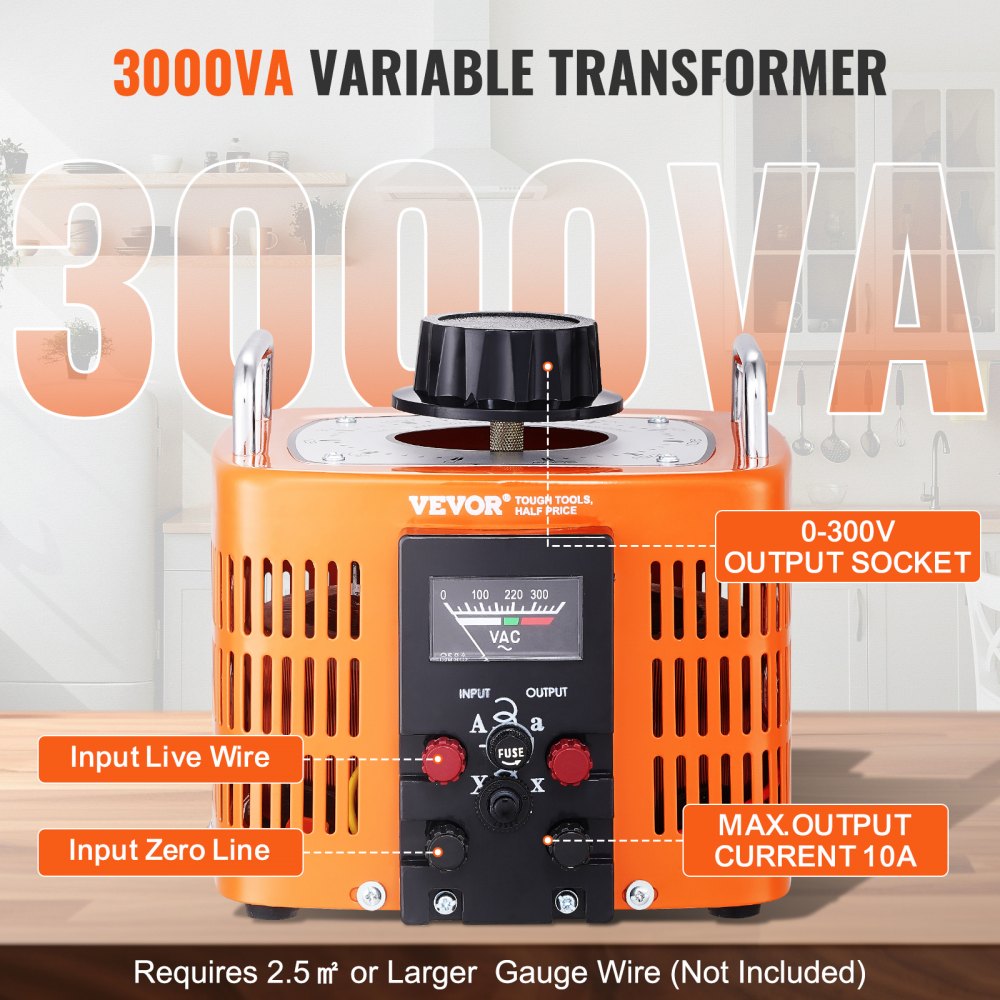VEVOR Automatyczny transformator napięcia zmiennego 3000 VA, 10 A, wejście 230 V, wyjście 0-300 V, regulator napięcia prądu przemiennego, 4 bezpieczniki, wyłącznik termiczny do domu i biura