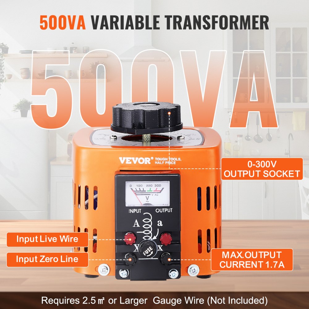 VEVOR Automatyczny transformator regulacyjny 500VA 1,7A Wejście 230V Wyjście 0-300V AC Regulator napięcia 4 bezpieczniki Przełącznik kontroli termicznej do biura domowego
