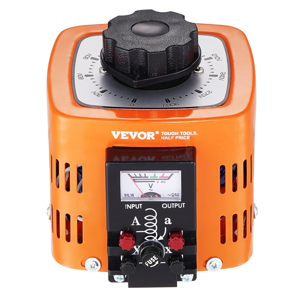 VEVOR Automatyczny transformator regulacyjny 500VA 1,7A Wejście 230V Wyjście 0-300V AC Regulator napięcia 4 bezpieczniki Przełącznik kontroli termicznej do biura domowego