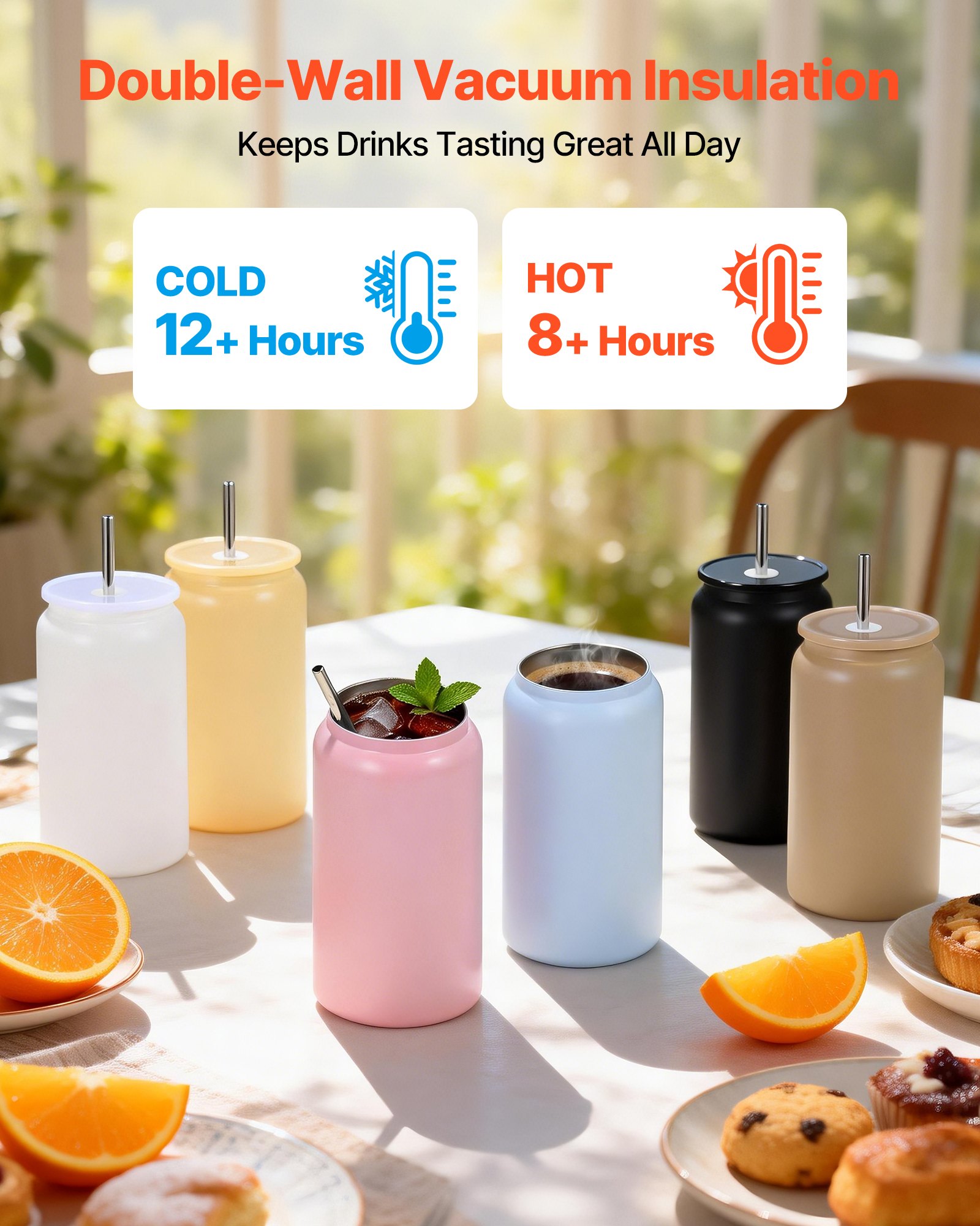 Kubki termosowe VEVOR do sublimacji, 12 szt. (473 ml), wielokolorowe, ze stali nierdzewnej, z pokrywkami i słomkami, izolowane, dwuścienne butelki do napojów do sublimacji, idealne do projektów DIY i na prezenty