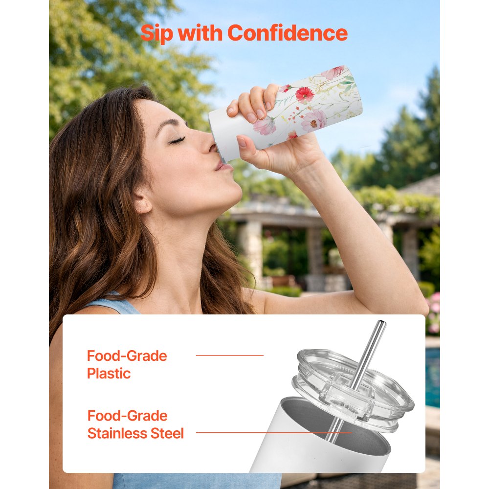 VEVOR Sublimation Tumblers, 4 Pack, 591 mL Skinny Straight Tumblers Bulk, Stainless Steel Sublimation Cups with Lids and Straws, Double Wall Insulated Tumbler Blank, for DIY Personalized Customization