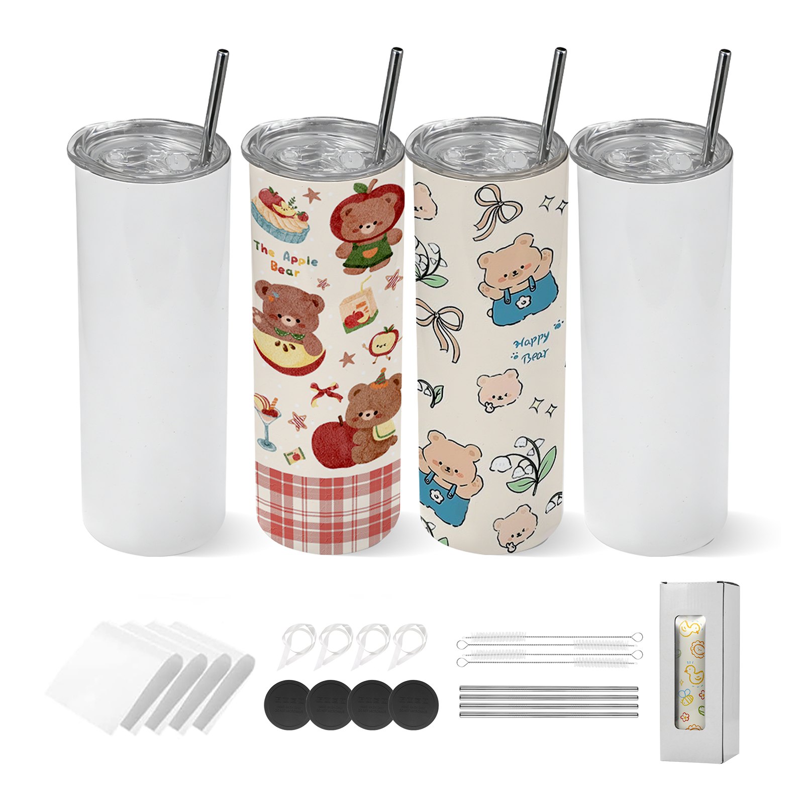 Kubki sublimacyjne VEVOR, 4 szt. (591 ml), kubki sublimacyjne ze stali nierdzewnej z pokrywkami i słomkami, izolowane, dwuścienne, gotowe do samodzielnego wykonania prezentów