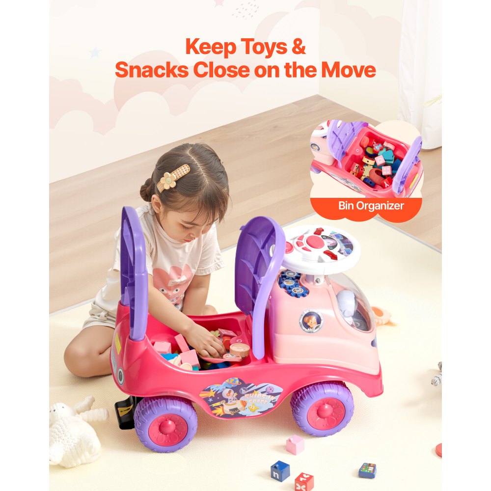 VEVOR Ride On Toddler Push Car, Push Car for Toddler 19 to 36 Months, Kids Ride On Toy with Horn & Music, 22 kg Load Capacity, Under-seat Storage, Foot-to-Floor Walker for Toddlers Boys Girls, Pink