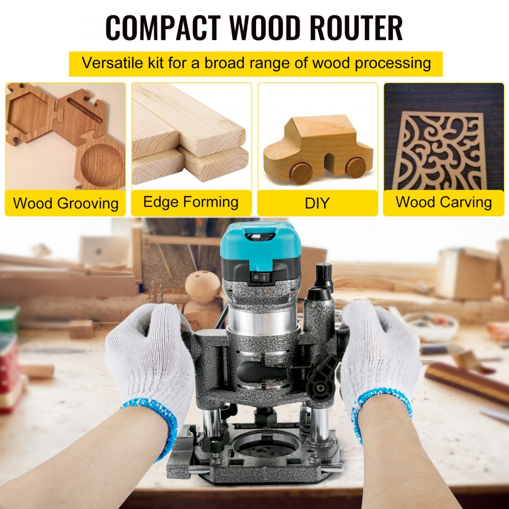VEVR One-Hand Wood Router 710 W, Electric Hand Wood Router 33000 rpm, Fixed Base, Tilting Base, Plunge Base, 3 Collets, Router Bits 6.35 / 8 mm Included, Curve Guide, Edge Router