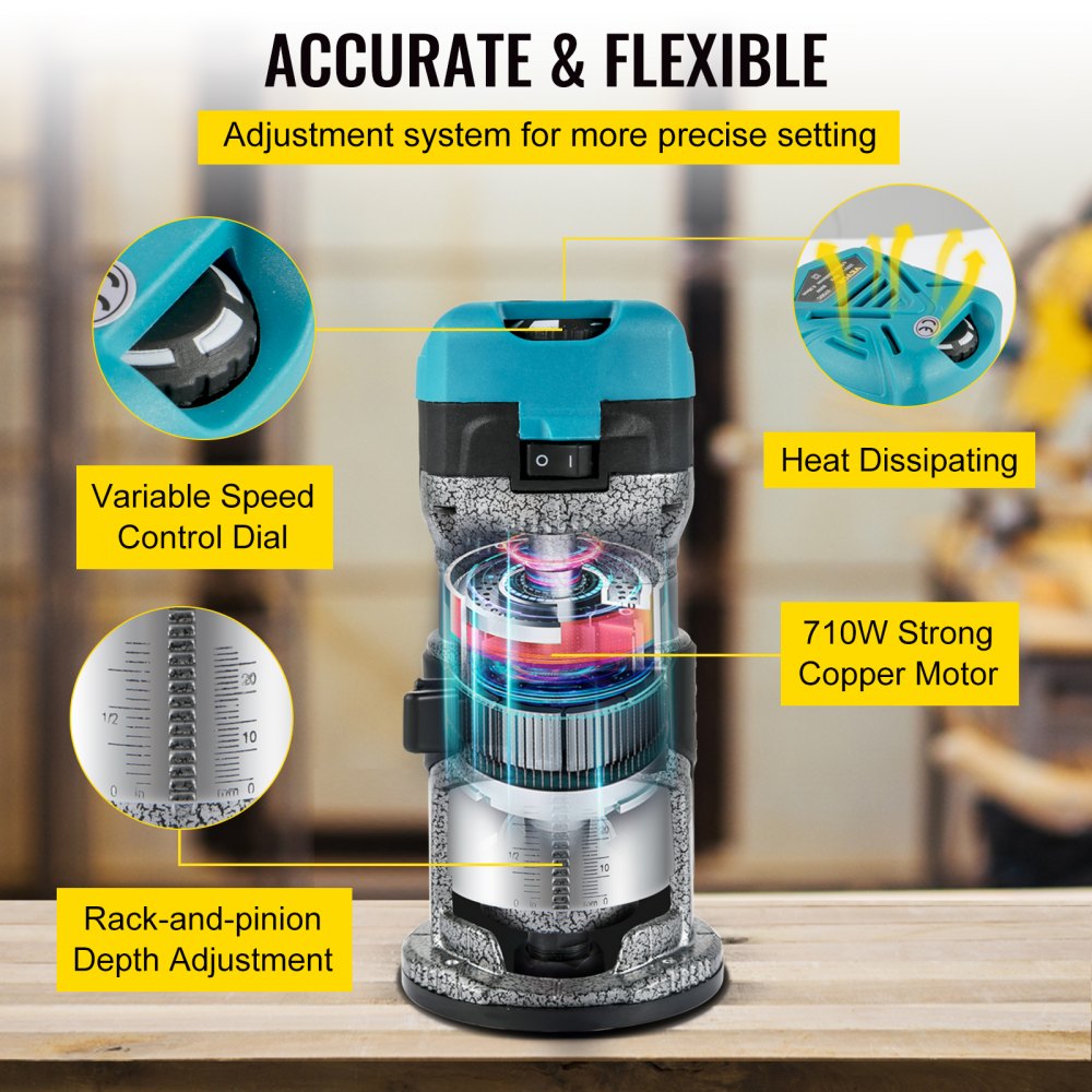 VEVR One-Hand Wood Router 710 W, Electric Hand Wood Router 33000 rpm, Fixed Base, Tilting Base, Plunge Base, 3 Collets, Router Bits 6.35 / 8 mm Included, Curve Guide, Edge Router