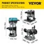 VEVR One-Hand Wood Router 710 W, Electric Hand Wood Router 33000 rpm, Fixed Base, Tilting Base, Plunge Base, 3 Collets, Router Bits 6.35 / 8 mm Included, Curve Guide, Edge Router
