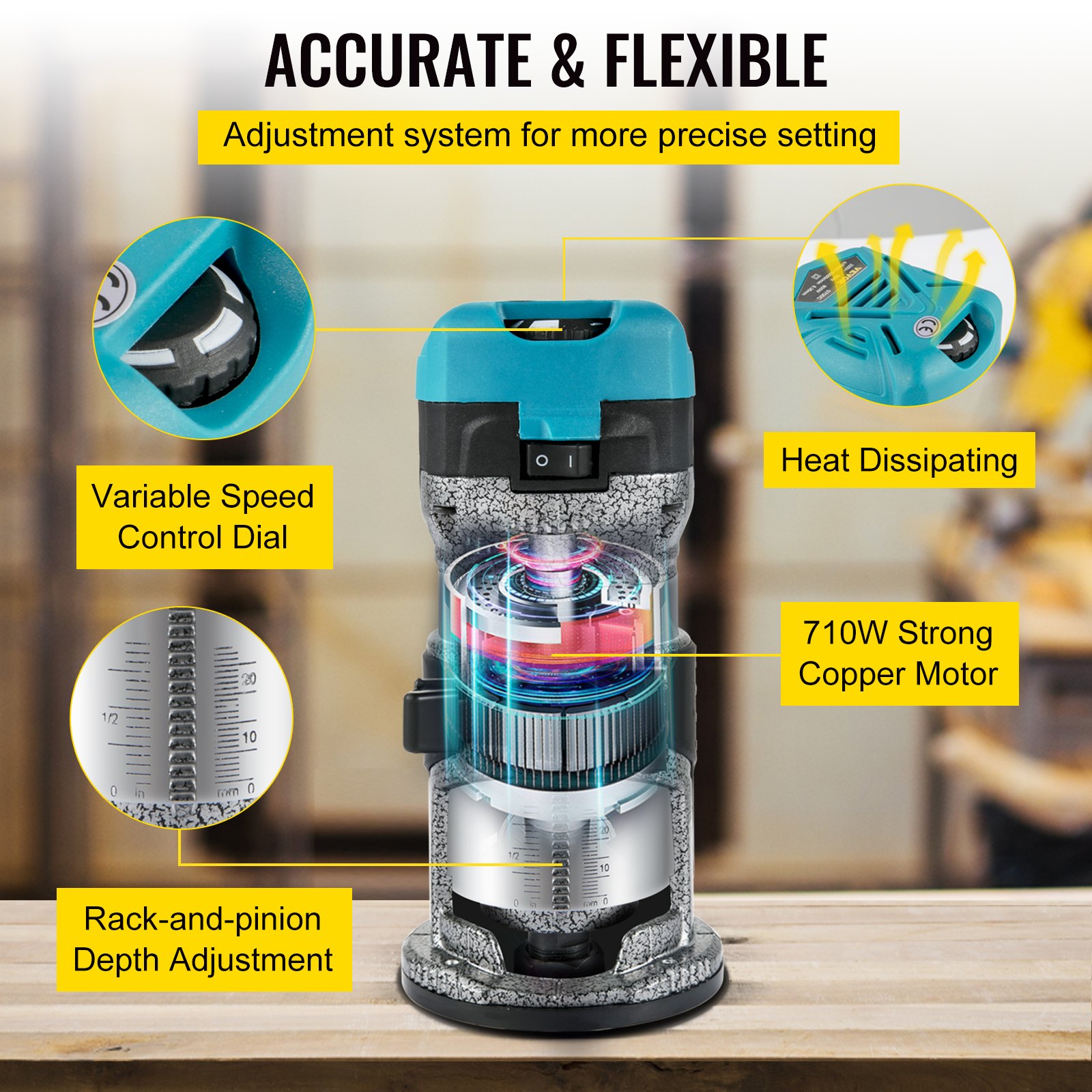 VEVR One-Hand Wood Router 710 W, Electric Hand Wood Router 33000 rpm, Fixed Base, Tilting Base, Plunge Base, 3 Collets, Router Bits 6.35 / 8 mm Included, Curve Guide, Edge Router