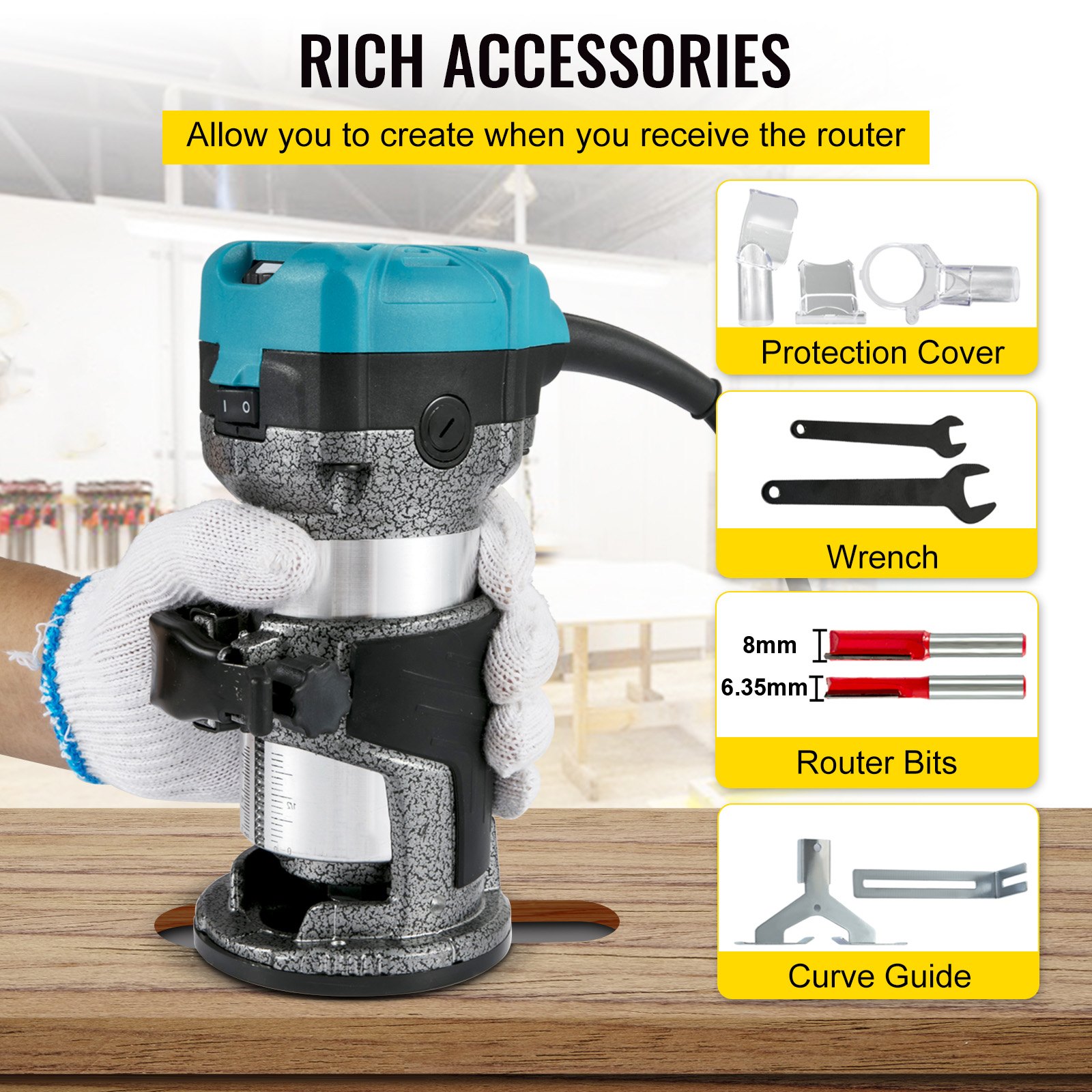 VEVR One-Hand Wood Router 710 W, Electric Hand Wood Router 33000 rpm, Fixed Base, Tilting Base, Plunge Base, 3 Collets, Router Bits 6.35 / 8 mm Included, Curve Guide, Edge Router