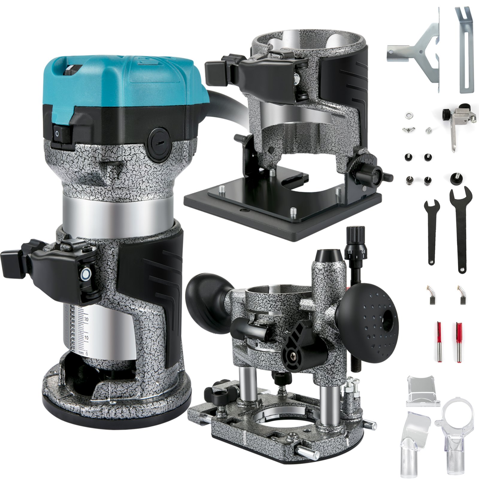VEVR One-Hand Wood Router 710 W, Electric Hand Wood Router 33000 rpm, Fixed Base, Tilting Base, Plunge Base, 3 Collets, Router Bits 6.35 / 8 mm Included, Curve Guide, Edge Router