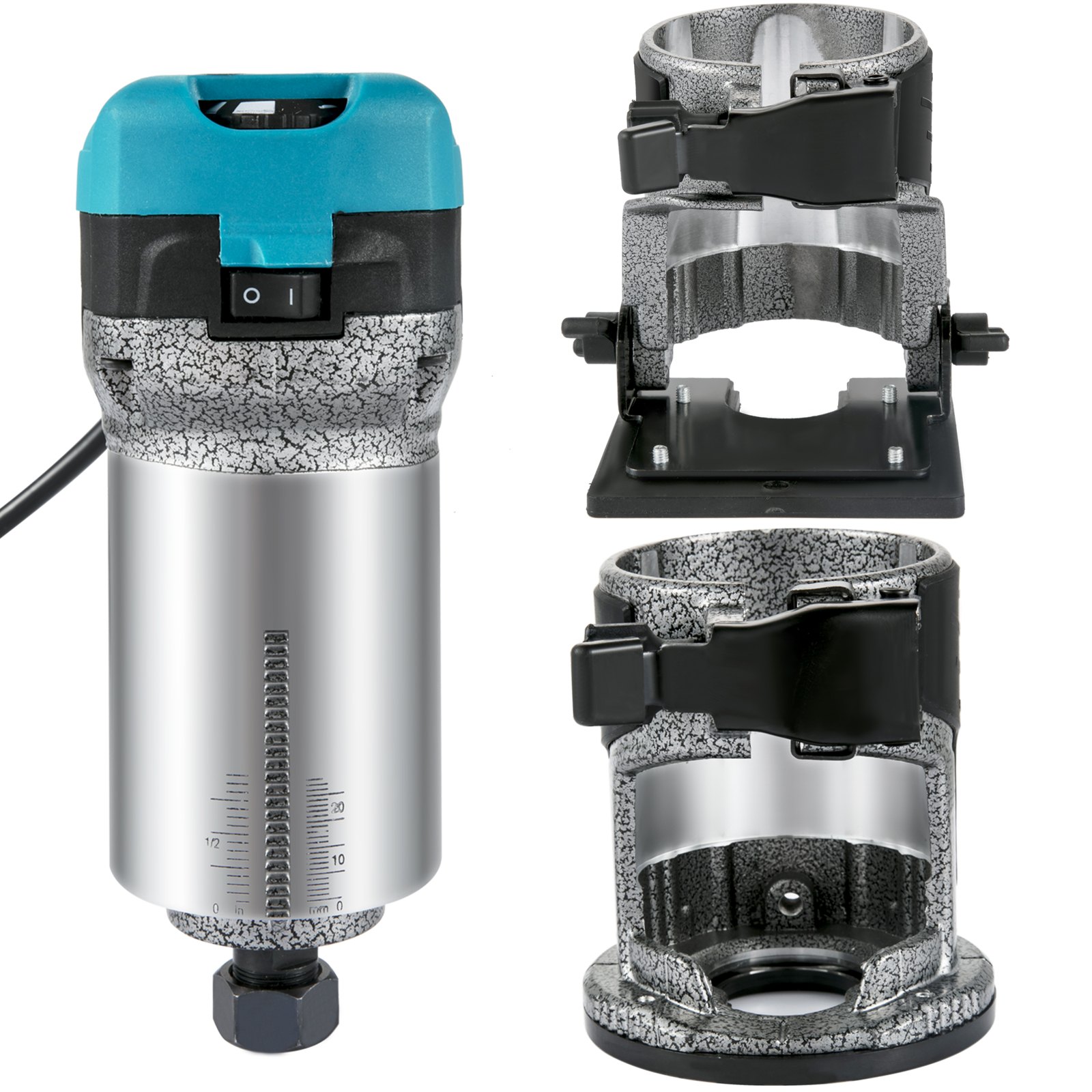 VEVR One-Hand Wood Router 710 W, Electric Hand Wood Router 33000 rpm, Fixed Base, Tilting Base, Plunge Base, 3 Collets, Router Bits 6.35 / 8 mm Included, Curve Guide, Edge Router