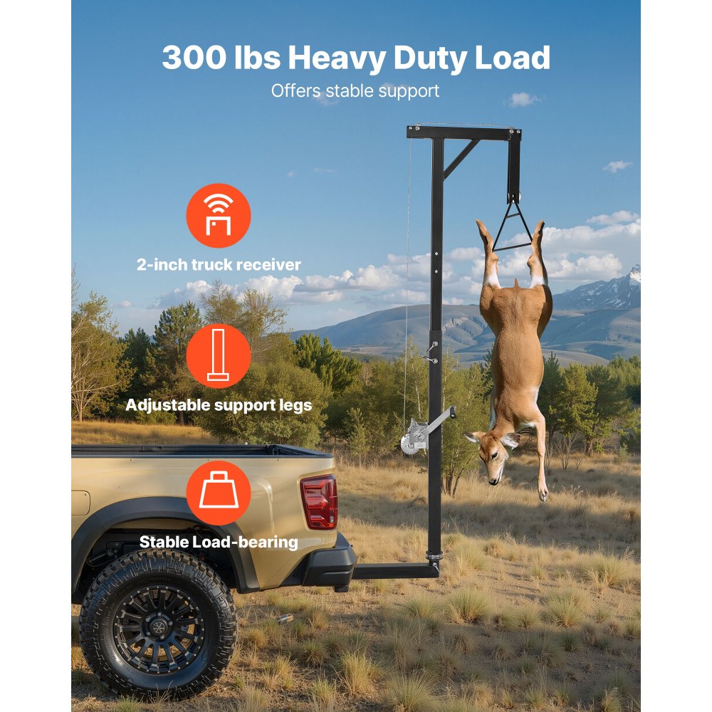 VEVOR Truck Hitch Game Hoist, 300 lbs Load Capacity, Hunting Deer Hoist with 2-inch Receiver, 360-Degree Swivel Shaft & Adjustable Height, Includes Gambrel Winch for Skinning & Cleaning Game
