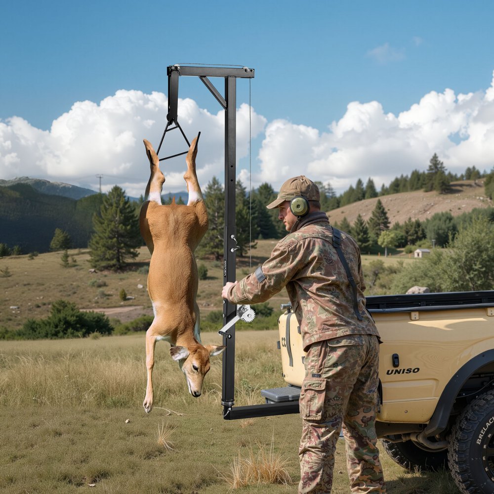 Wciągarka myśliwska VEVOR z wyciągarką i najazdem, udźwig 300 funtów, montowana na ciężarówce, z odbiornikiem 2-calowym, obrotowym wałem 360 stopni i regulowaną wysokością, do skórowania i czyszczenia zwierzyny podczas polowań