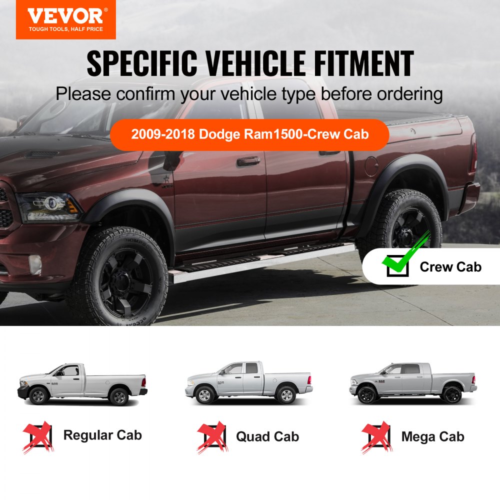 Stopnie boczne VEVOR kompatybilne z modelami Dodge Ram 1500 z lat 2009–2018, Ram 2500/3500 z lat 2010–2023 (w tym Classic z lat 2019–2023) z podwójną kabiną, 201, stopnie boczne ze stali nierdzewnej o wadze 227 kg i wadze 152,4 mm, 2 sztuki