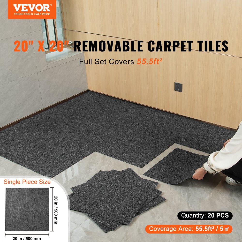VEVOR Carpet Tiles, 500 x 500 x 5 mm, Carpet with Attached Padding, Soft Padded Carpet Tiles, Easy DIY Installation for Bedrooms and Living Rooms (20 Pieces, Dark Grey)