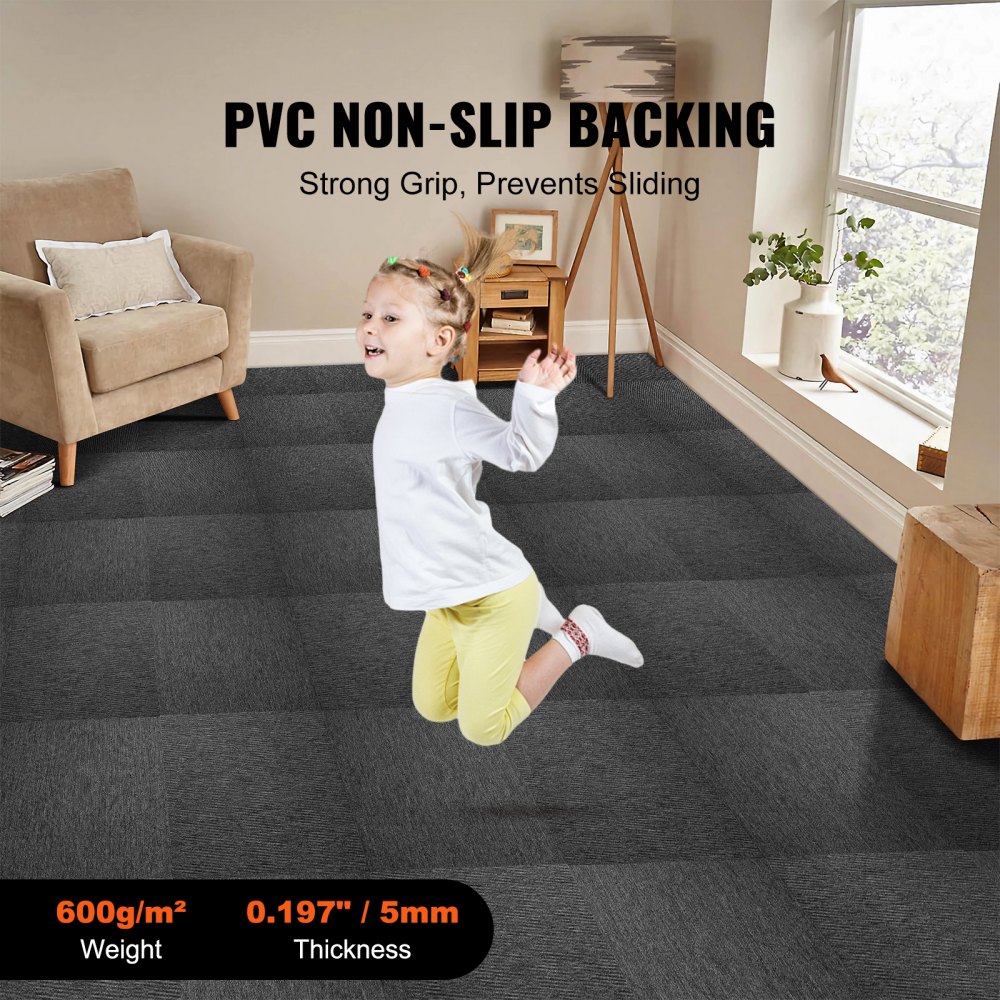 VEVOR Carpet Tiles, 500 x 500 x 5 mm, Carpet with Attached Padding, Soft Padded Carpet Tiles, Easy DIY Installation for Bedrooms and Living Rooms (20 Pieces, Dark Grey)