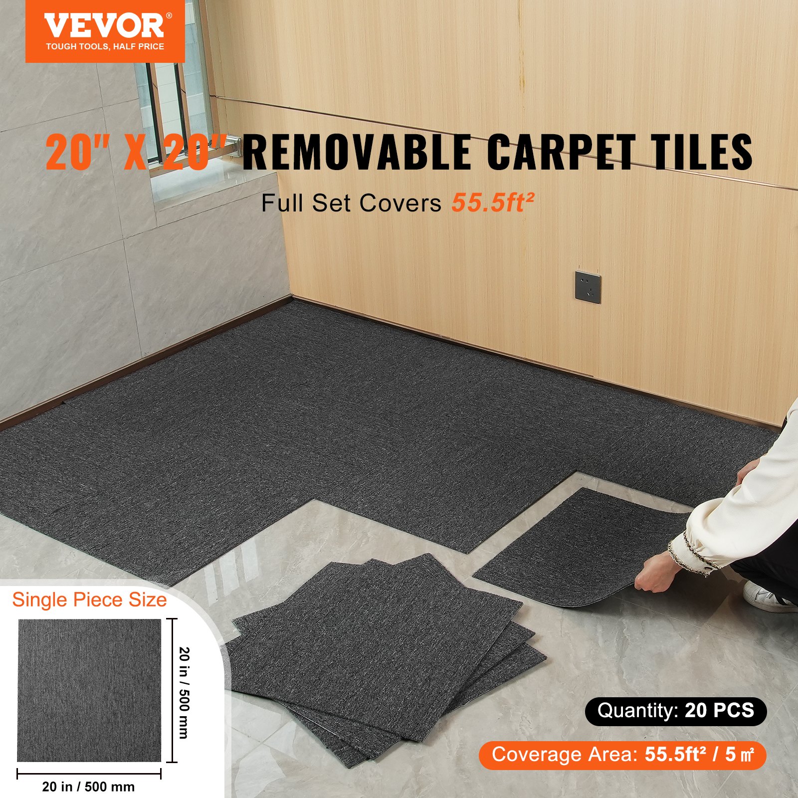 VEVOR Carpet Tiles, 500 x 500 x 5 mm, Carpet with Attached Padding, Soft Padded Carpet Tiles, Easy DIY Installation for Bedrooms and Living Rooms (20 Pieces, Dark Grey)
