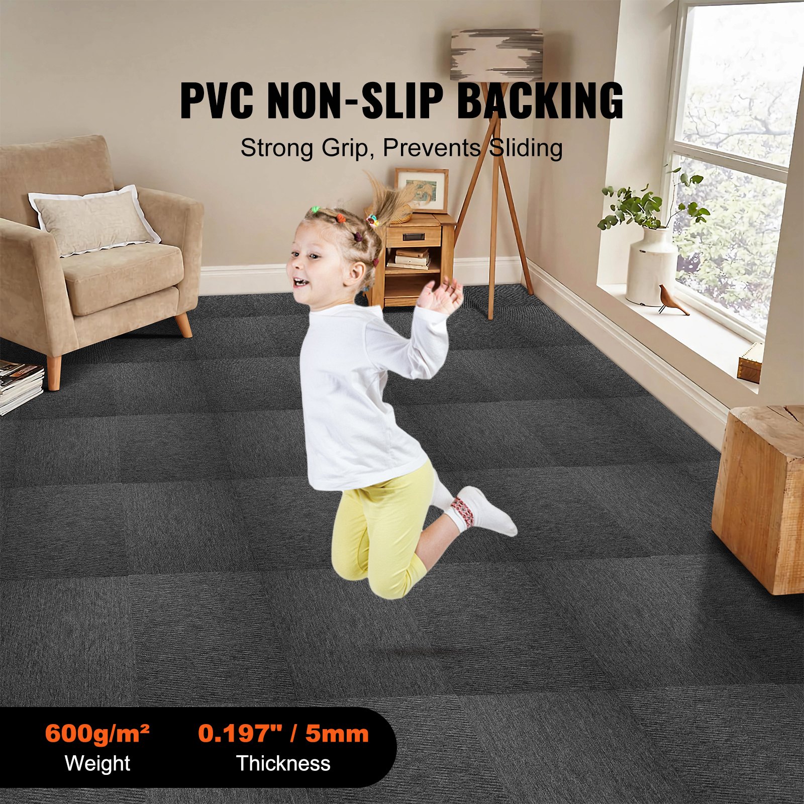 VEVOR Carpet Tiles, 500 x 500 x 5 mm, Carpet with Attached Padding, Soft Padded Carpet Tiles, Easy DIY Installation for Bedrooms and Living Rooms (20 Pieces, Dark Grey)