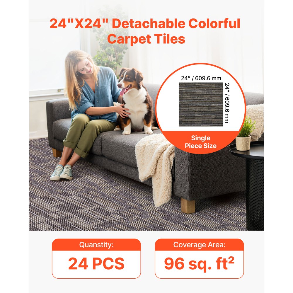 Płytki dywanowe VEVOR 609,6 x 609,6 x 6 mm, opakowanie 24 szt., modułowa wykładzina dywanowa o powierzchni 9 m², wykładzina dywanowa, łatwa wymiana DIY do salonu i biura, szaro-brązowa