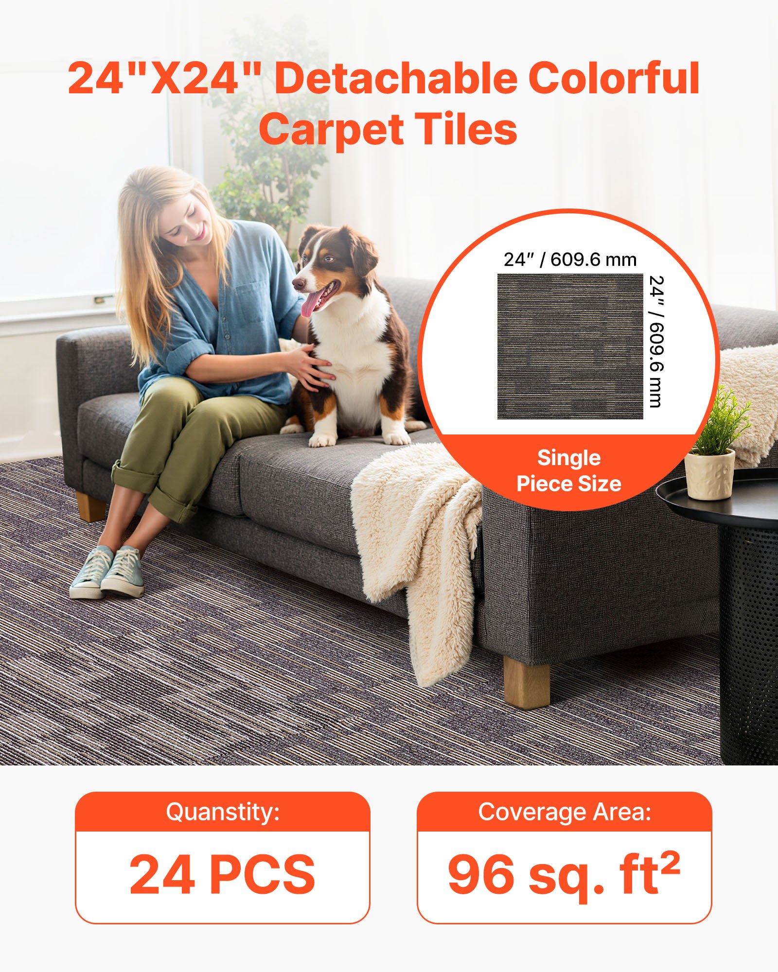 Płytki dywanowe VEVOR 609,6 x 609,6 x 6 mm, opakowanie 24 szt., modułowa wykładzina dywanowa o powierzchni 9 m², wykładzina dywanowa, łatwa wymiana DIY do salonu i biura, szaro-brązowa